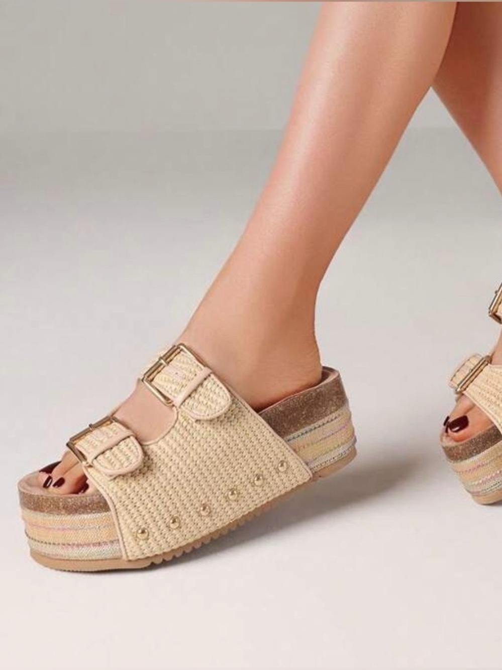 Beige Woven Platform Slide Sandals - Women